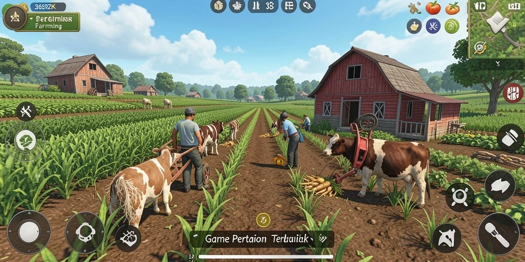 Screenshot gameplay 369ZK menampilkan lahan pertanian yang rimbun dan berwarna-warni.