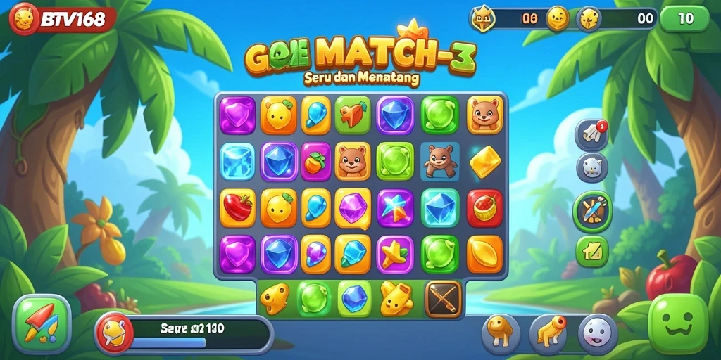 Tampilan gameplay BTV168 yang penuh warna dan seru dalam genre Match-3.