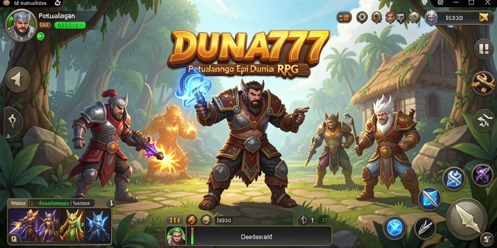 Screenshot DUNIA777 menampilkan pertempuran epik dan karakter yang beragam.