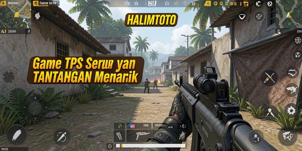 Screenshot gameplay utama HALIMTOTO menampilkan pertempuran TPS yang mendebarkan.