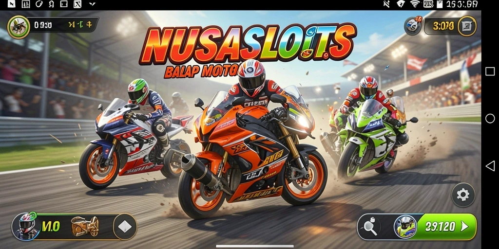 Tampilan gameplay seru NUSASLOTS dengan aksi balap motor penuh kecepatan.