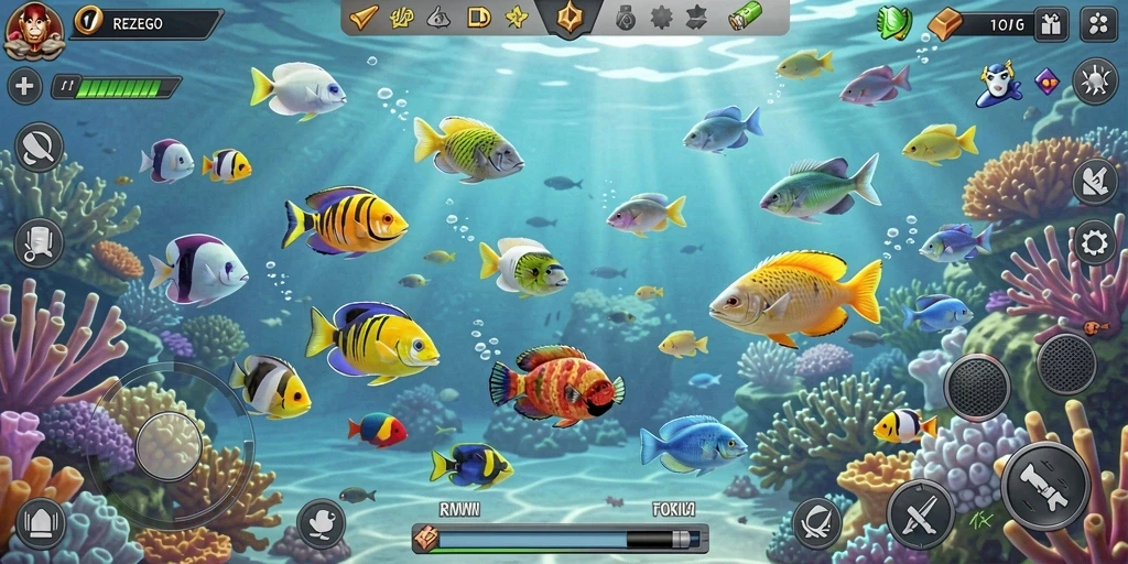 Screenshot dari gameplay REZEGO yang menunjukkan aksi menangkap ikan.