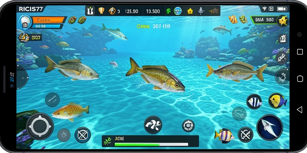 Screenshot gameplay RICIS77 menunjukkan aksi tembak ikan yang mendebarkan.