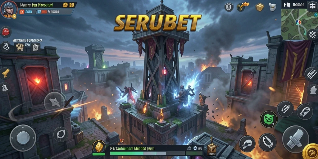 Screenshot SERUBET menunjukkan strategi pertahanan menara yang menantang.