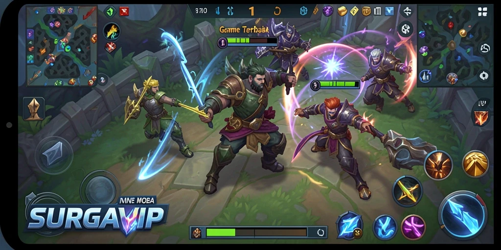 Tampilan gameplay intens di SURGAVIP dengan karakter yang beragam dan pertarungan strategis.