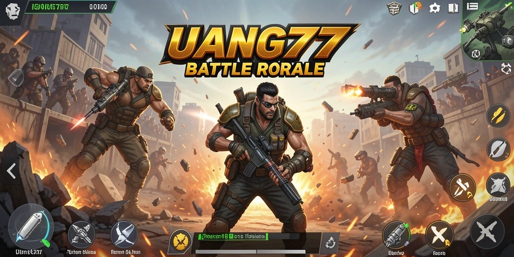 Screenshot game UANG77 menampilkan aksi pertempuran Battle Royale yang intens.